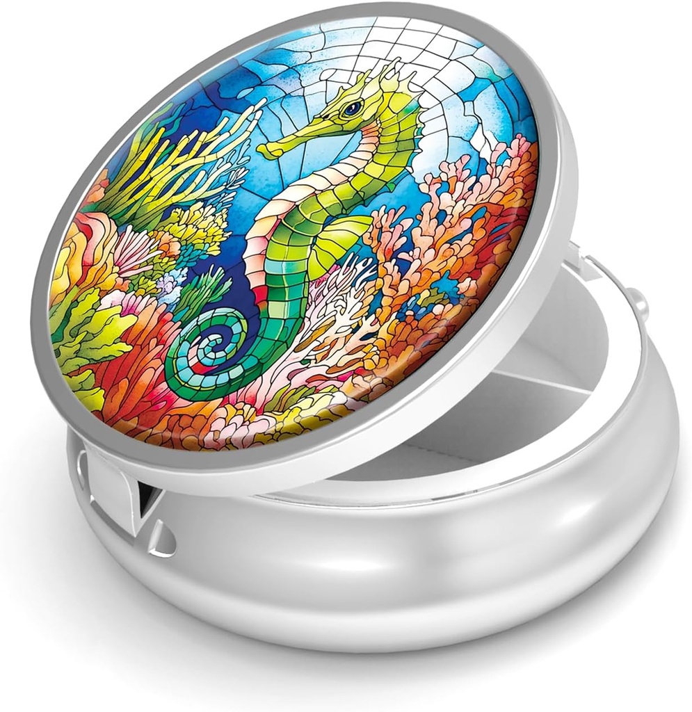 Pill Box-3 Segment Lille Pill sag for purse & Pocket Mini Metal Pill Holder Travel Pill Container til at holde kosttilskud vitaminer BPA- Gratis (Seahorse)