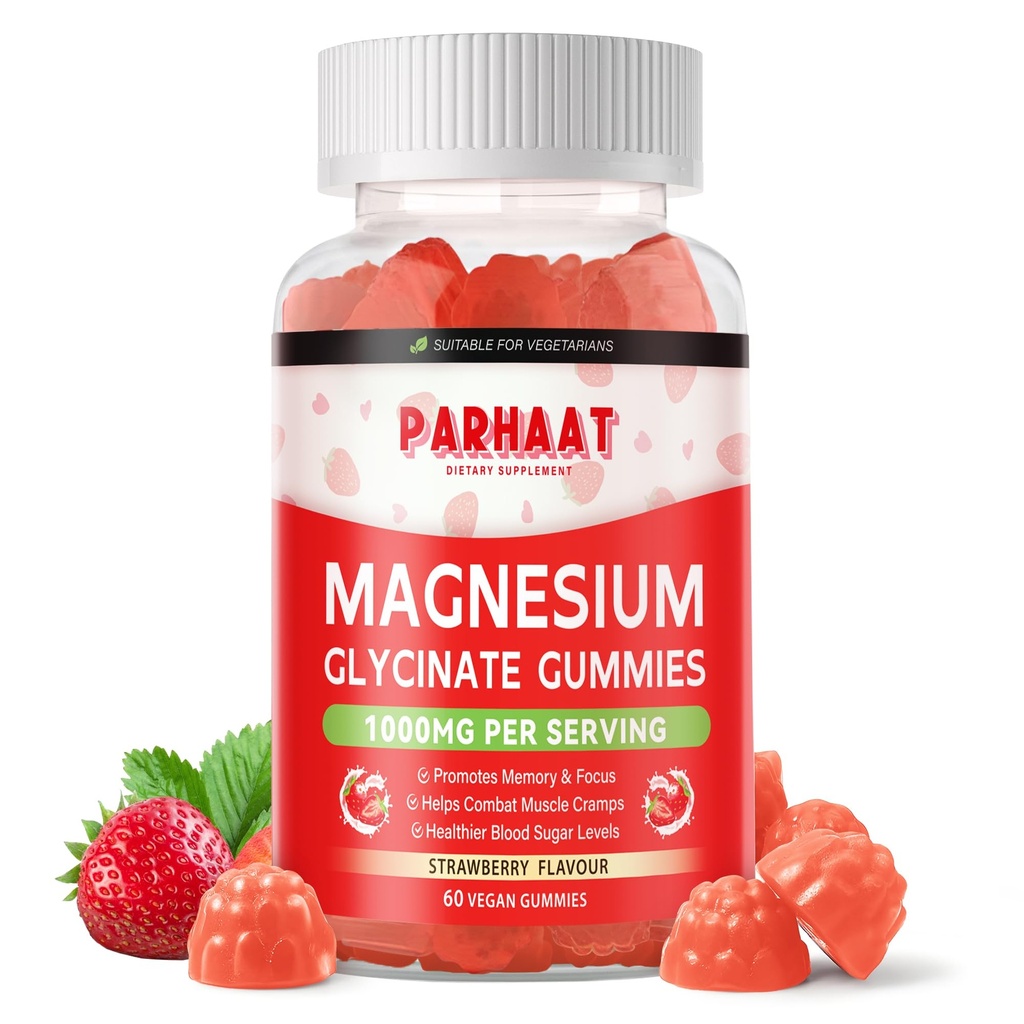 Magnesium Glycinat Gummies - Sugar Free Magnesium Kalium Supplement med D-vitamin, B6, CoQ10 til Calm Mood & Sleep Support - 60 Jordbærtygger