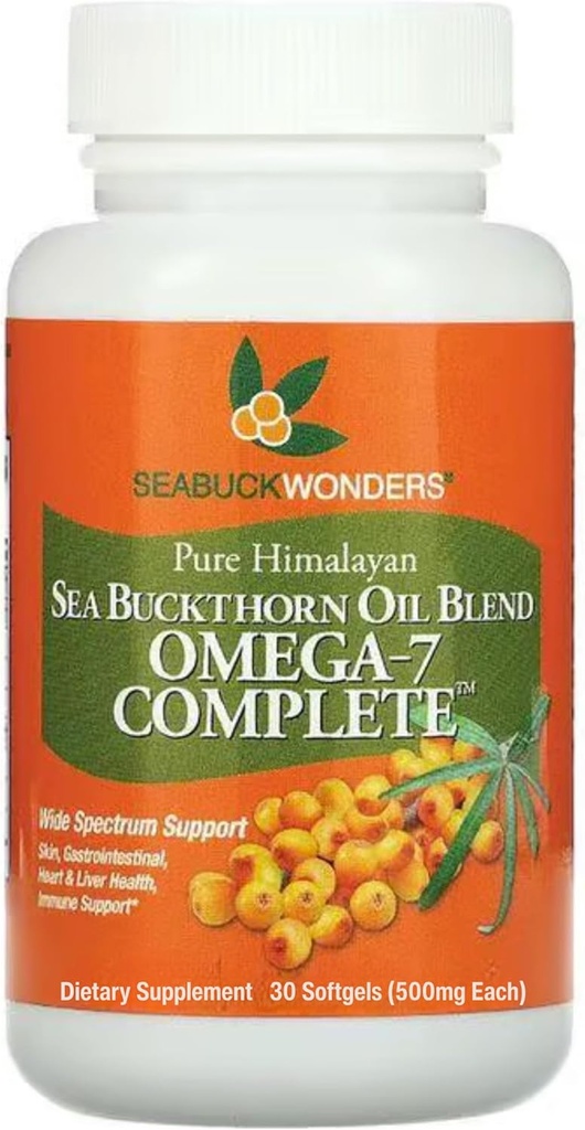 SeabuckWonders Organic Sea Buckthorn Oil, Omega- 7 Complete Softgels, 30 Greve, med Omega 3, 6 & 9, Understøtter hår, Hud & Nail Sundhed, 1000mg pr Servering