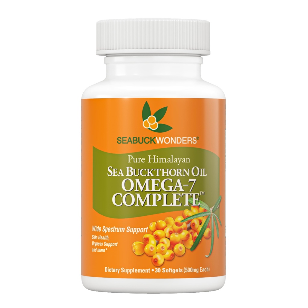 SeabuckWonders Organic Sea Buckthorn Oil, Omega- 7 Complete Softgels, 30 Greve, med Omega 3, 6 & 9, Understøtter hår, Hud & Nail Sundhed, 1000mg pr Servering