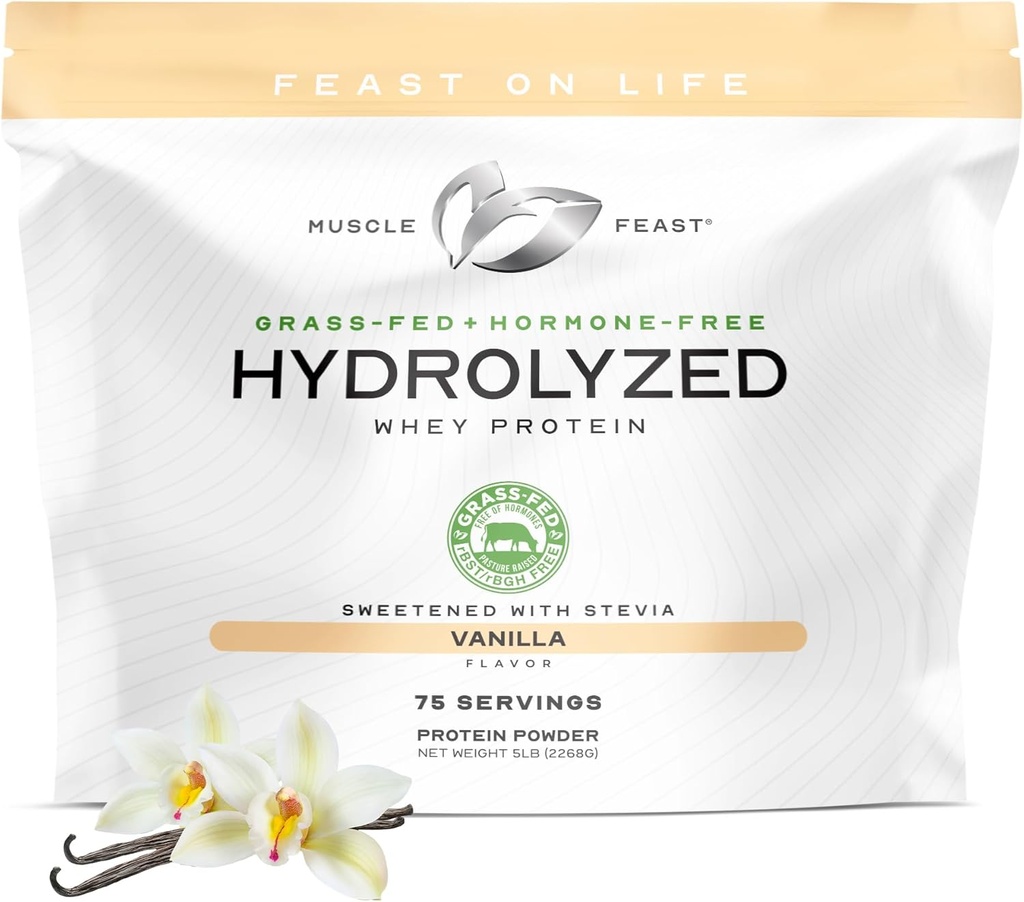 Muskel Feast Hydrolysed Whey Protein Powder, Grass Fed- og alle naturlige Hormone- Free, Hydro Whey Powder til mænd og kvinder, Gluten Free, Non- GMO, Lækker Hydrolysed Protein Powder, Vanilla, 5lb