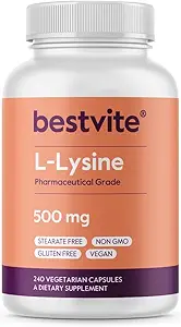 BESTVITE Filler- Free L- Lysin 500mg (240 Veg Kapsler) - Vegan - Ingen Stearater eller Fillers - Ikke GMO - Gluten Free - Ingen Dicalcium Phosphat - Aminosyretilskud Hud, Lip & immunforsvar *