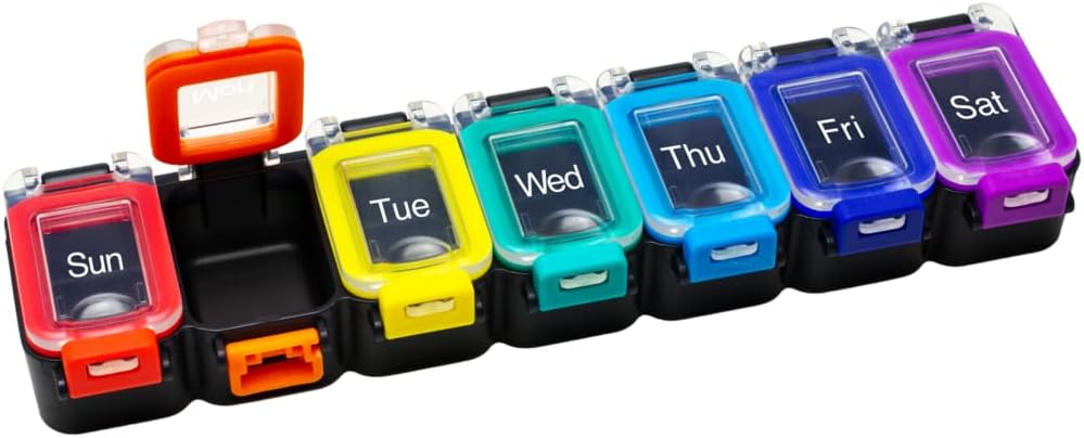 EZY DOSE Weekly (7-dag) Daglig Pill Planner, Medicine Case, Vitamin Organizer Container, Vandtæt låseafdelinger for at sikre receptpligtig medicin og forhindre utilsigtet spild, Rainbow