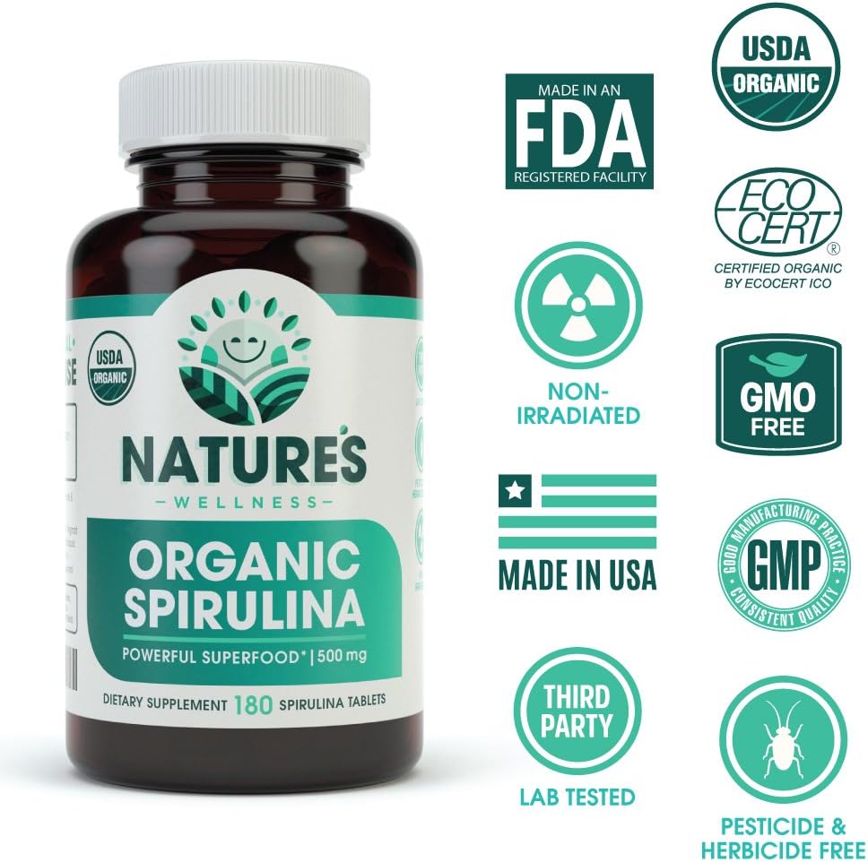USDA Organic Spirulina Tablets - Non- GMO Green Superfood Supplement: 3000mg Fresh Blue Green Algae, Vegan, Gluten Free, Sustainable Grown, Pesticides Free and Non- Bestråling, 500mg per tablet, 180 "