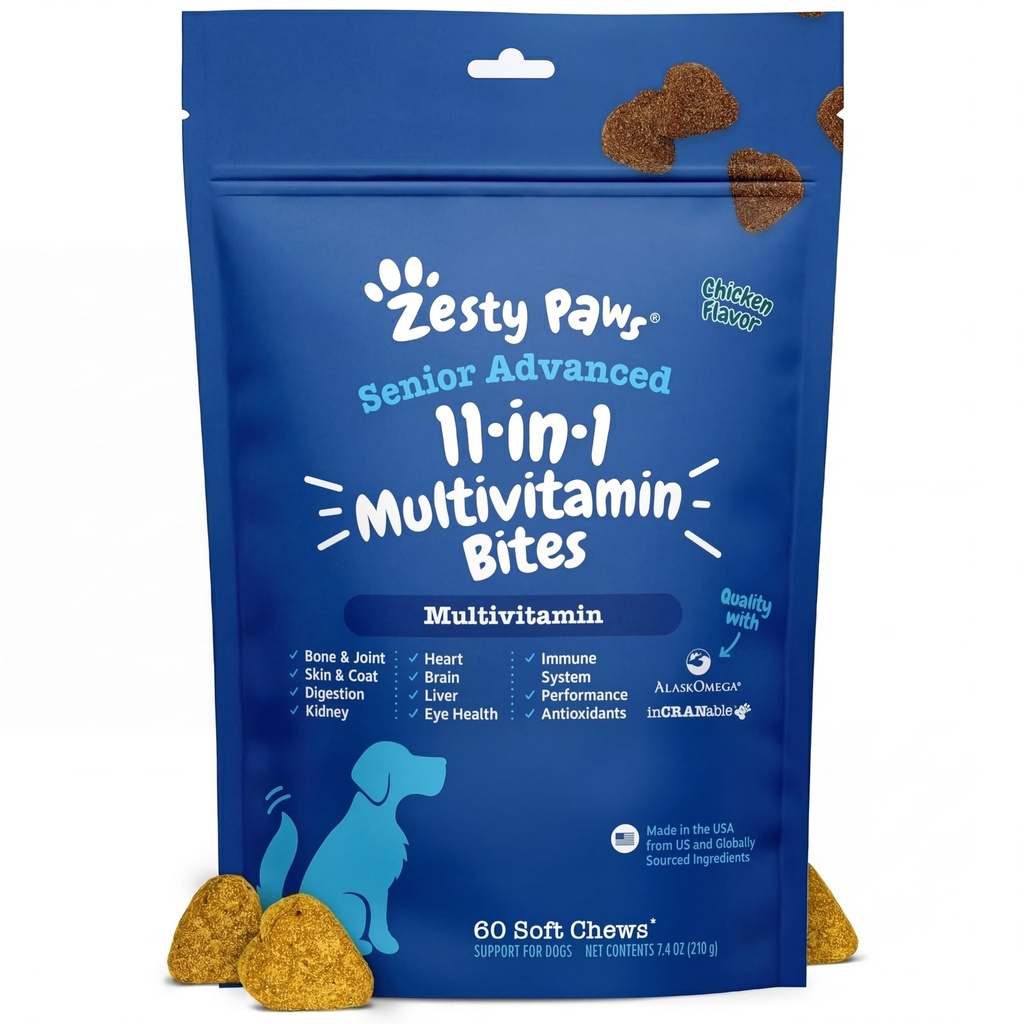 Zesess Paws Senior Hund Multivitamin Treats - Glucosamin til hunde + fordøjelsesenzymer & probiotika - Korn fri Hund vitaminer og kosttilskud til hud & Coat + immunsundhed kylling - Advanced - 60ct