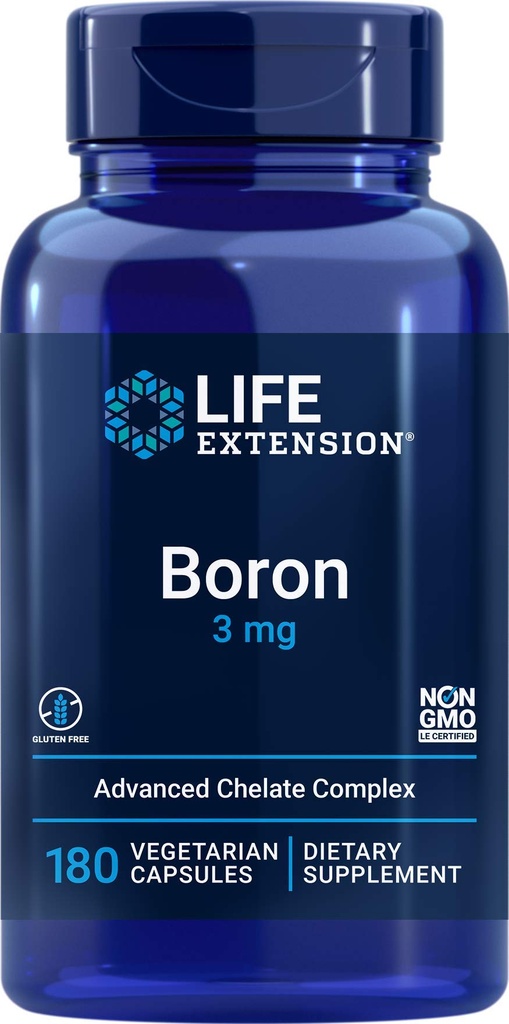 Life Extension Boron 3 mg 180 Veg Caps - Triple Boron Complex med Boron Citrate, Glycinate, Aspartat - 3 mg kapsler - Forbedret med vitamin B2