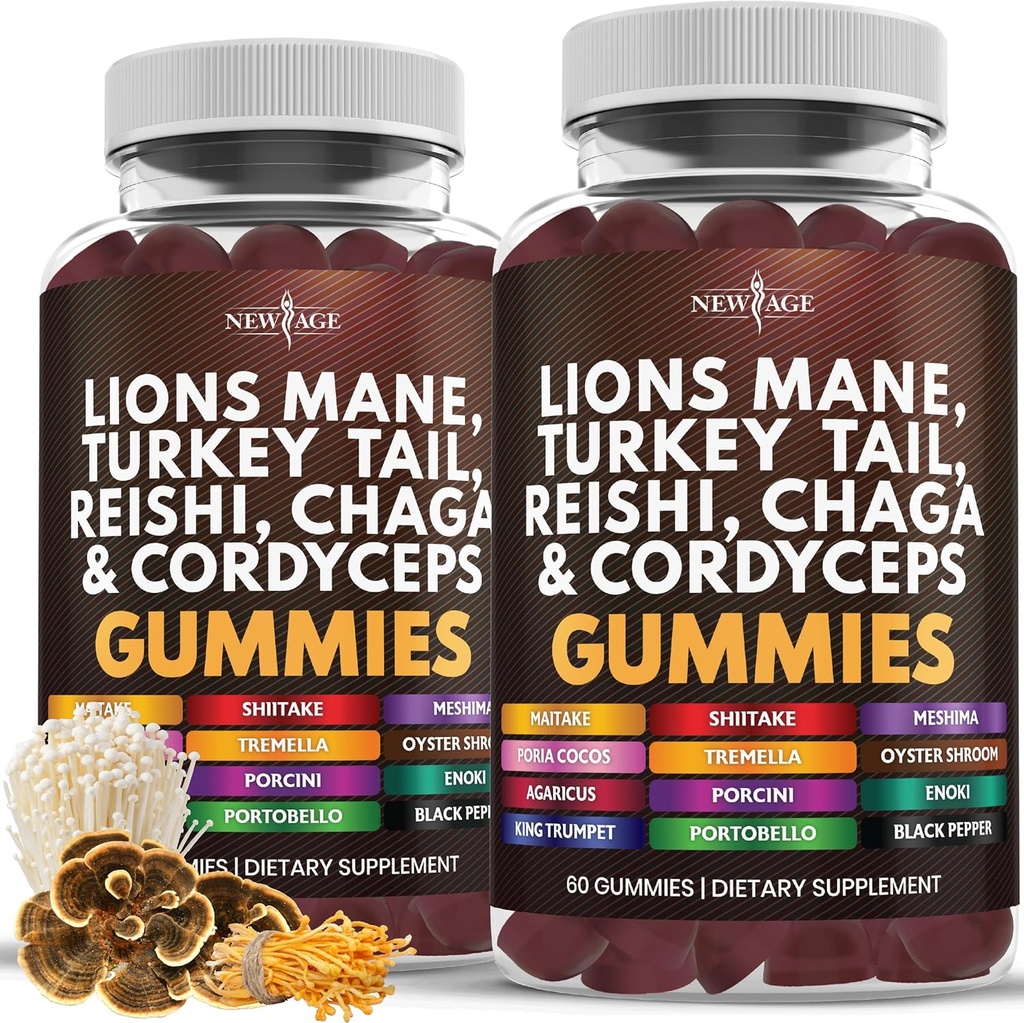 NEW AGE Mushroom Lions Mane Supplement Gummies - Omfattende Mushroom supplement til kognitiv & immunforsvar, med Reishi, Cordyceps - 120 Greve