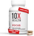 10X Health Focus Rhodiola Rosea - Brain Supplements for Memory and Focus - 60 Capsules Focus Supplement, Memory Supplement for Brain Health med Ginkgo Biloba, Huperzine A - Ginkgo Biloba Kapsler