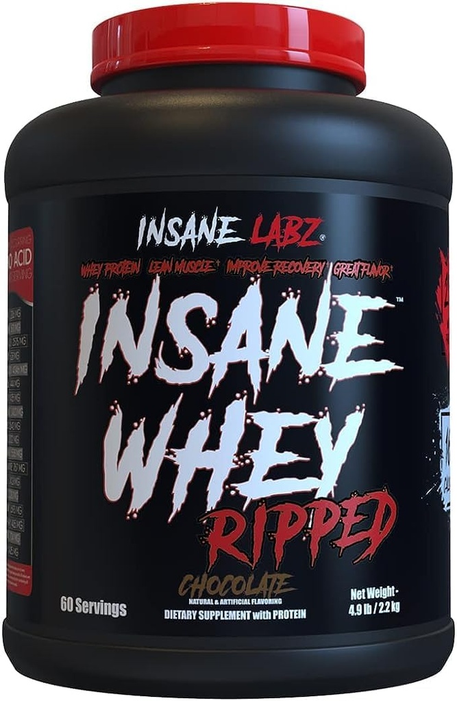 Insane Labz Insane Whey Ripped, Lean Muscle Building Protein med L- Carnitin og CLA Oil Powder, 5lbs 60 Servering, Chokolade