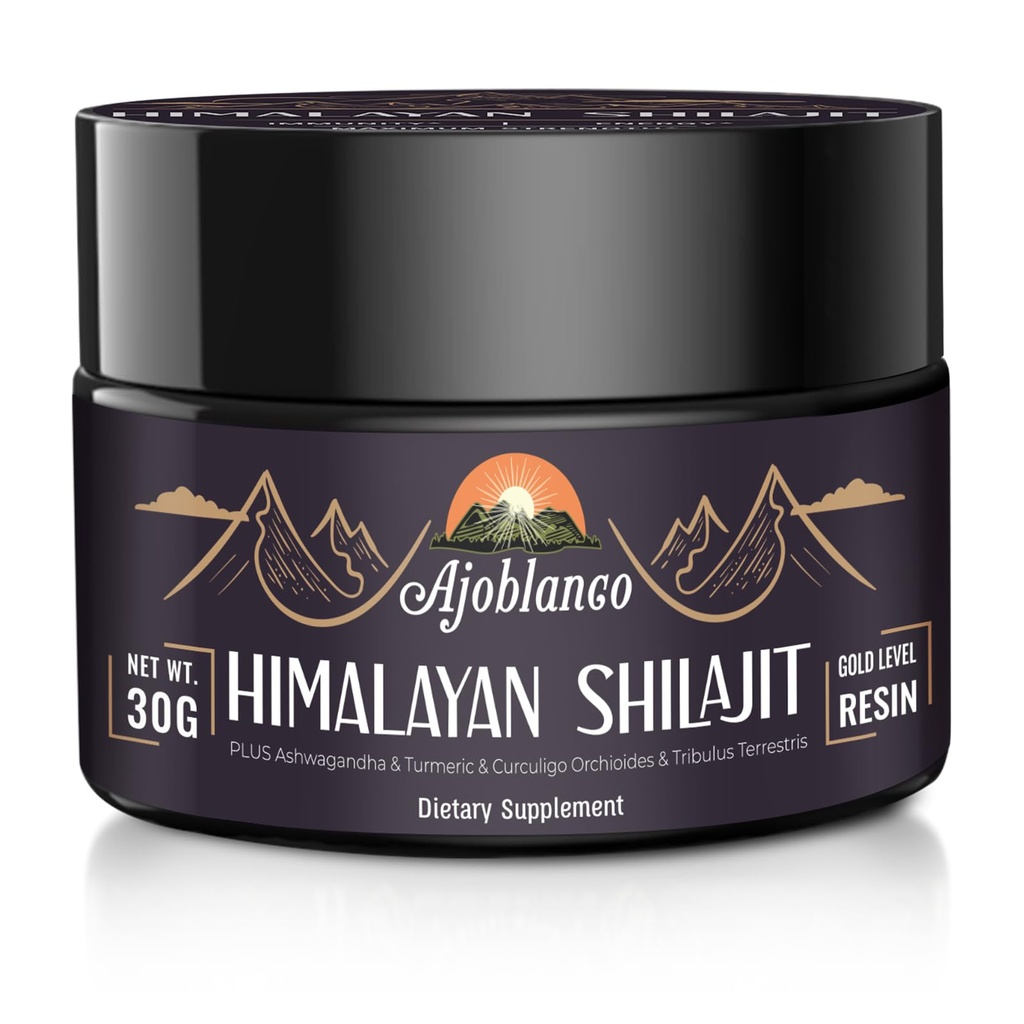 Ajoblanco 600 mg Natural Himalayan Organic Shilajit Resin - Himalayan Gold Shilajit Resin med Organic Ayurvedic Blend i høj potens for energi, styrke og immunitet, pakke med 1