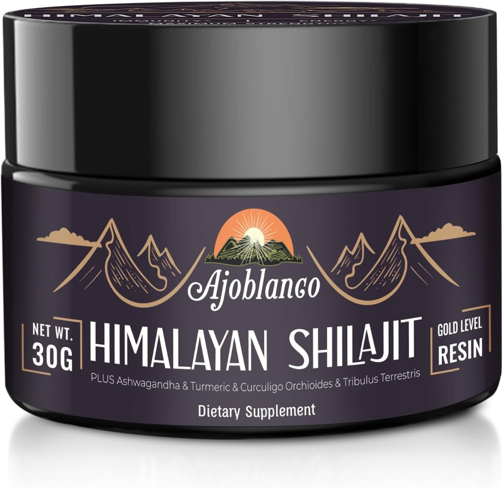 Ajoblanco 600 mg Natural Himalayan Organic Shilajit Resin - Himalayan Gold Shilajit Resin med Organic Ayurvedic Blend i høj potens for energi, styrke og immunitet, pakke med 1