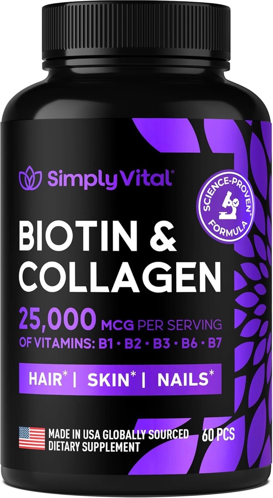 Biotin og Collagen Kosttilskud med Keratin 25000 mcg - Hår hud & negle Vitaminer med Collagen Keratin B Complex - Lavet i USA - Biotin til hårvækst kvinder & mænd Support Skin & Nails, 60 kapsler