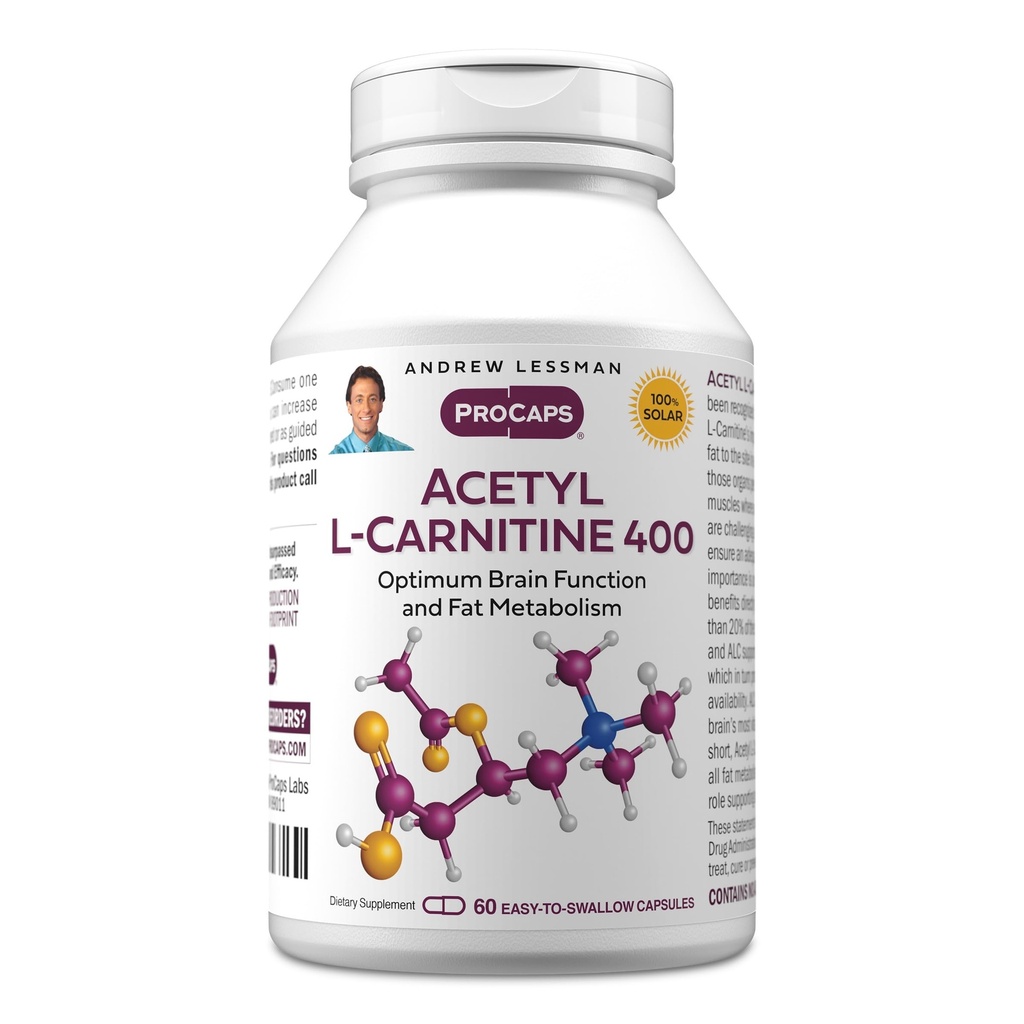 ANDREW LESSMAN Acetyl L- Carnitin 400 mg - 60 kapsler - Støtte til nervesystem, fedt og energi Metabolisme, sund hjerne funktion, sundt blod flow til hjernen. Let at synke kapsler.