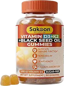 Sakoon ernæring 5000 IE D3 K2 Vitamin supplement med Black Seed Oil for ben, tænder, muskel, og immunforsvar Support, non-GMO og gluten fri, 60 Gummy Chewables