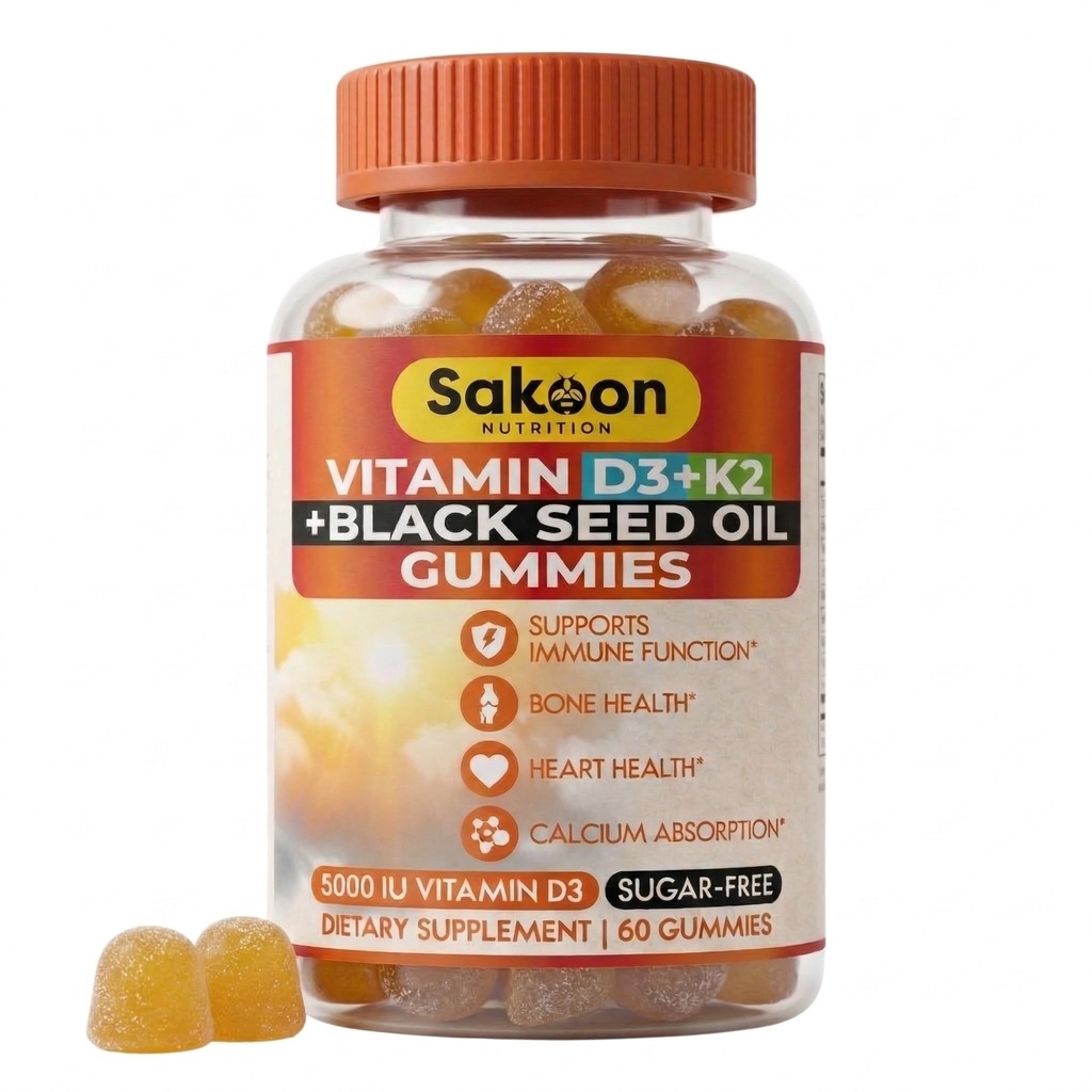 Sakoon ernæring 5000 IE D3 K2 Vitamin supplement med Black Seed Oil for ben, tænder, muskel, og immunforsvar Support, non-GMO og gluten fri, 60 Gummy Chewables
