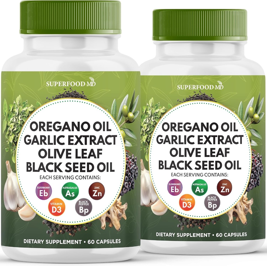 Oregano Oil, hvidløg ekstrakt, Olive Leaf, Black Seed Oil, Astragalus- immunsupport & fordøjelsessygdomme supplement til kvinder og men- 120 greve