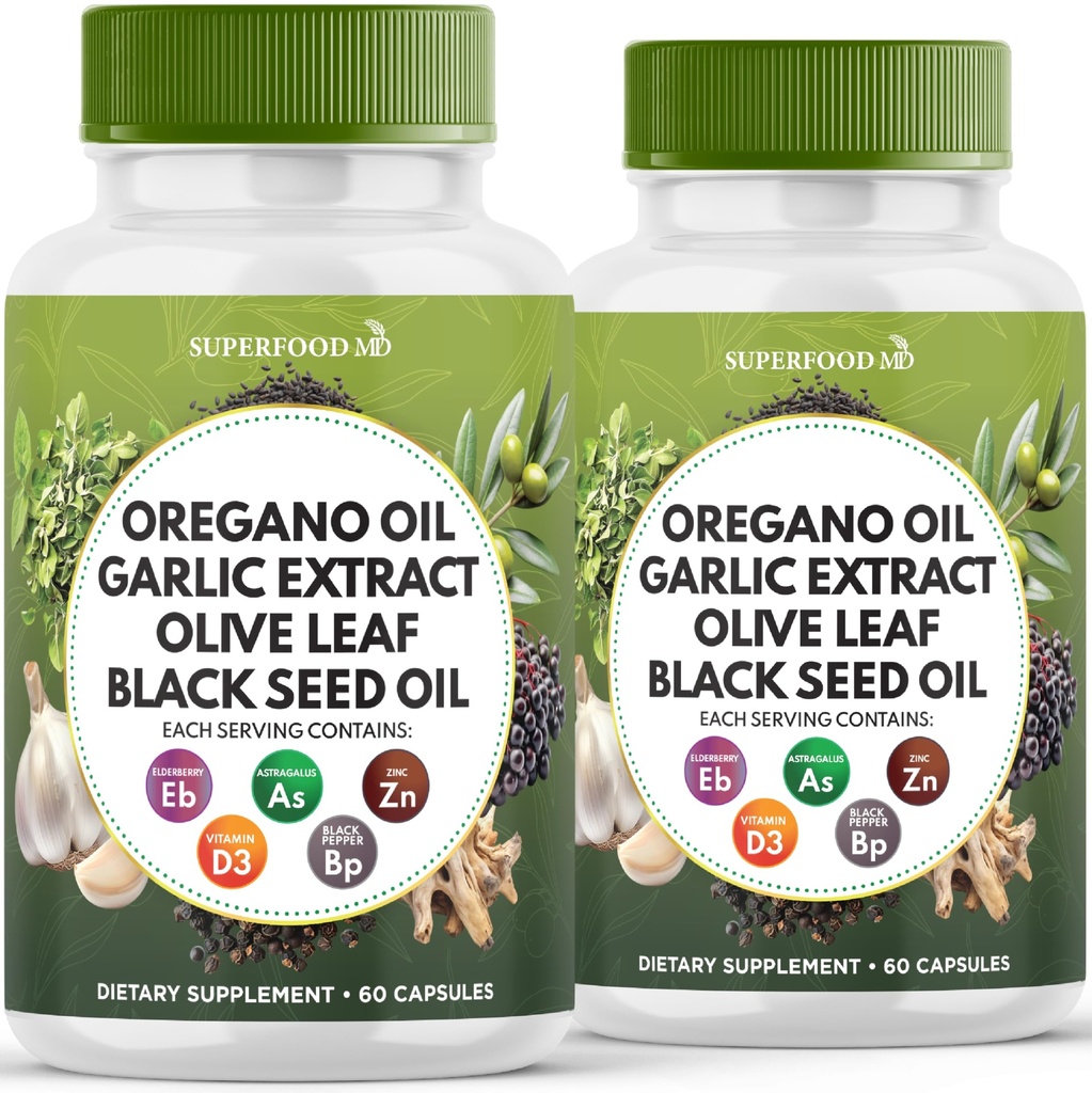Oregano Oil, hvidløg ekstrakt, Olive Leaf, Black Seed Oil, Astragalus- immunsupport & fordøjelsessygdomme supplement til kvinder og men- 120 greve