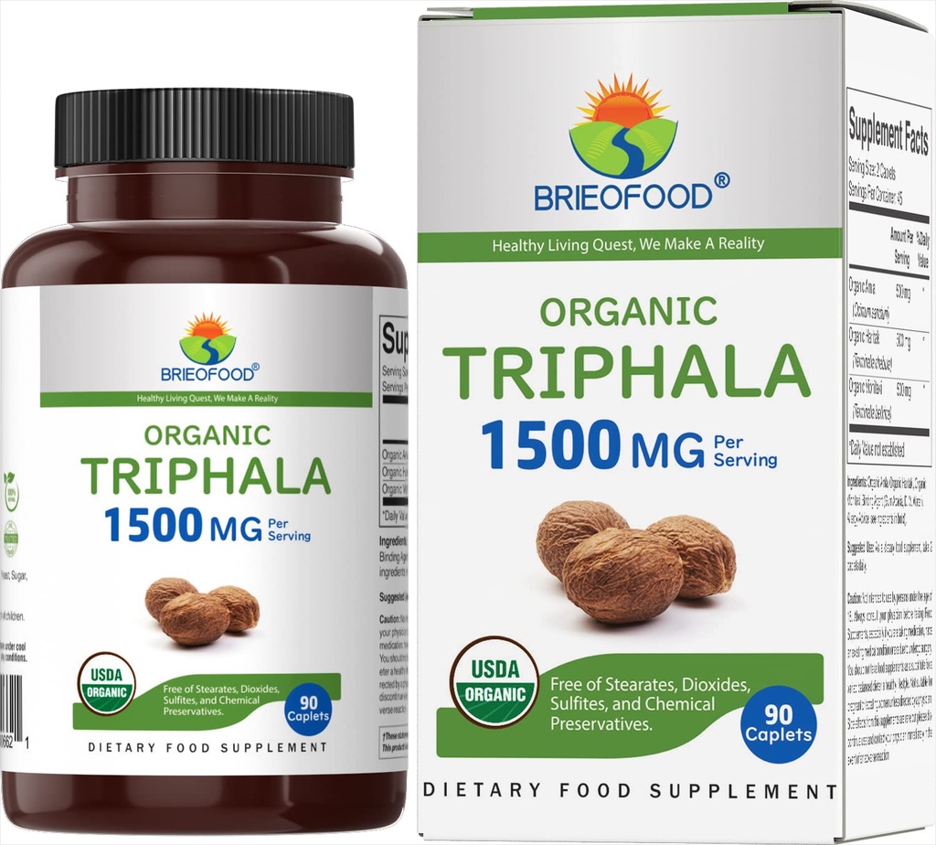 Brieofood Organic Triphala 1500mg, 45 Servering, Vegetarisk, Gluten Free, 90 Vegetariske tabletter