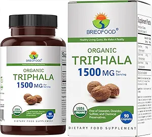 Brieofood Organic Triphala 1500mg, 45 Servings, Vegetarian, Gluten Free, 90 Vegetarian Tablets