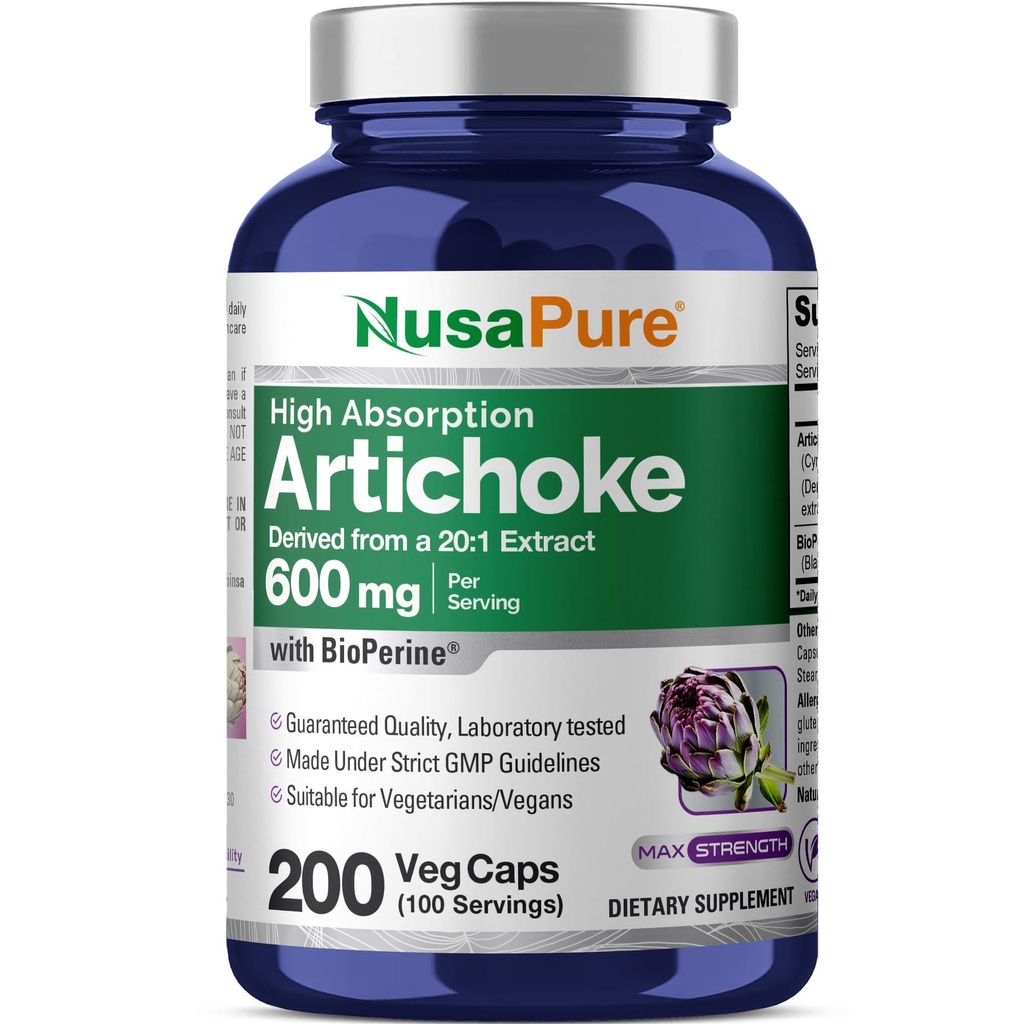 NusaPure Artichoke 20: 1 Extract, 600 mg Tilsvarende 12.000mg 200 Veggie caps (Non-GMO, Gluten Free)
