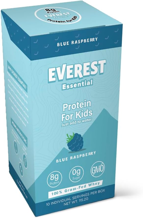 Everest Essential, Kid 's Clear Whey Protein Powder (Blue Raspberry, 10 Packets) Protein Drink Mix for Kids, Electrolytes for Kids, 8g Protein Per Serving, Ikke GMO, Nul Tilføjet Sukker