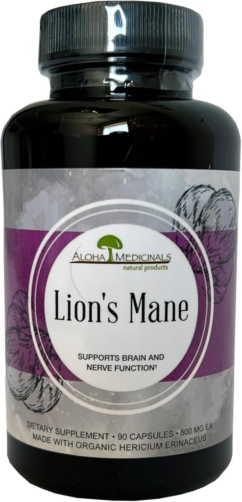 Aloha Medicinals Lion 's Mane, Certified Organic Mushroom Supplement, Understøtter hukommelse og koncentration, pakke med 1, 90 kapsler Hver