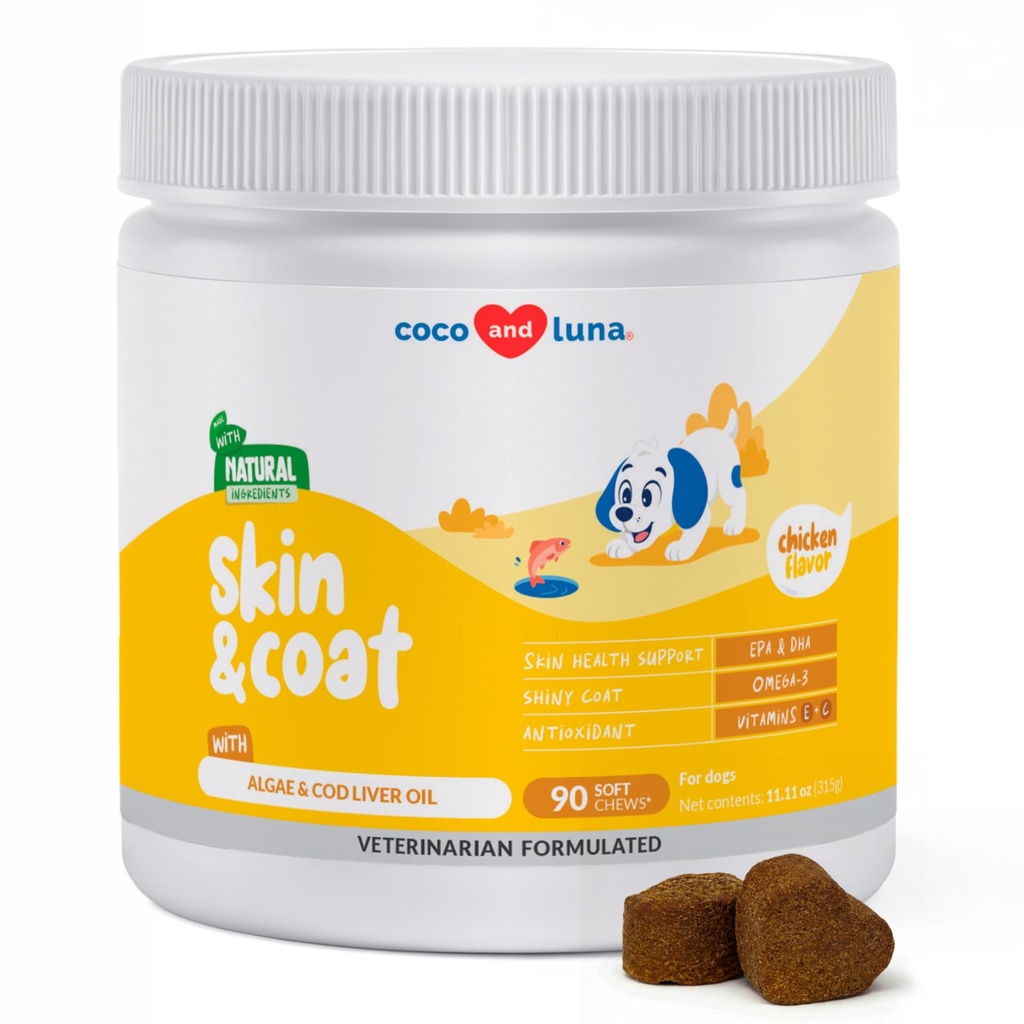 Omega 3 Fish Oil for Dogs - Skin & Coat Supplement med cod leverolie, alger, EPA & DHA fedtsyrer til hundeafføring, Itch Relief, Hot Spots, hudallergi, Joint & Heart Support - 90 Soft Chews