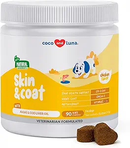 Omega 3 Fish Oil for Dogs - Skin & Coat Supplement med cod leverolie, alger, EPA & DHA fedtsyrer til hundeafføring, Itch Relief, Hot Spots, hudallergi, Joint & Heart Support - 90 Soft Chews