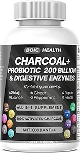 Activated Charcoal Capsules – Extra Strength with Shilajit, 200 Billion CFU Probiotics, Digestive Enzymes, Peppermint, Fennel, Licorice & Ginger – 120 Capsules (Pack of 1)