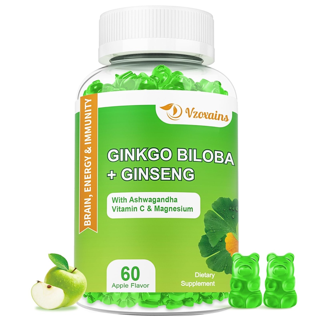 240MG Ginkgo Biloba Gummies med Ginseng og Magnesium, Ginko Biloba Supplements Gummies for Brain Focus, Mood and Memory for Voksen, 60 Cts