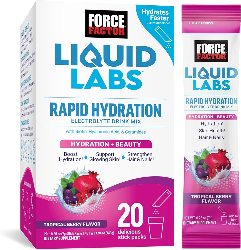 Kraftfaktor flydende Labs Skønhed, Hydration Packet til stærkere hår, hud og negle. Elektrolytpulver med hyaluronsyre, biotin og ceramider. Tropical Berry Flavor, 20 Stick Packs