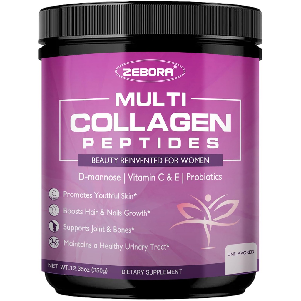 ZEBORA Multi Collagen Peptider pulver til kvinder - Hydrolyzed Collagen Peptider med D-Mannose & kvinders Probiotika - Understøtter hud, hår, negle, og Urinary Tract sundhed, Unflavored, 35 Servere