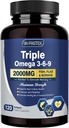 Triple Omega 3-6-9 Fish Oil 2000mg med E-vitamin - EPA & DHA fedtsyrer supplement - Understøtter hjerte, hjerne, øje, hud & immunforsvar - Inkluderer hørfrø & bor, non-GMO, 120 Softgels
