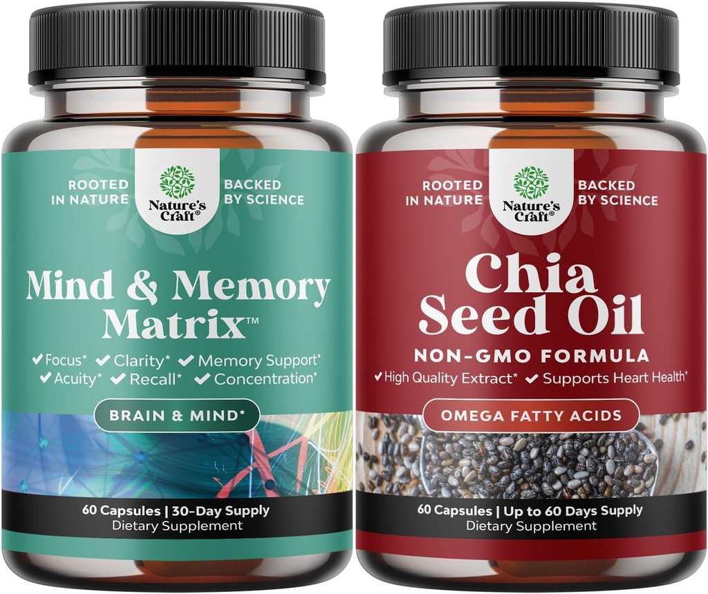 Bundle af Advanced Brain Supplement med Nootropics til hukommelse, fokus, Clarity, energi og Chia Seed Oil Extract kapsler med Plant Based Omega 3 6 9 og Fiber til hjerte, fordøjelse og immunforsvar