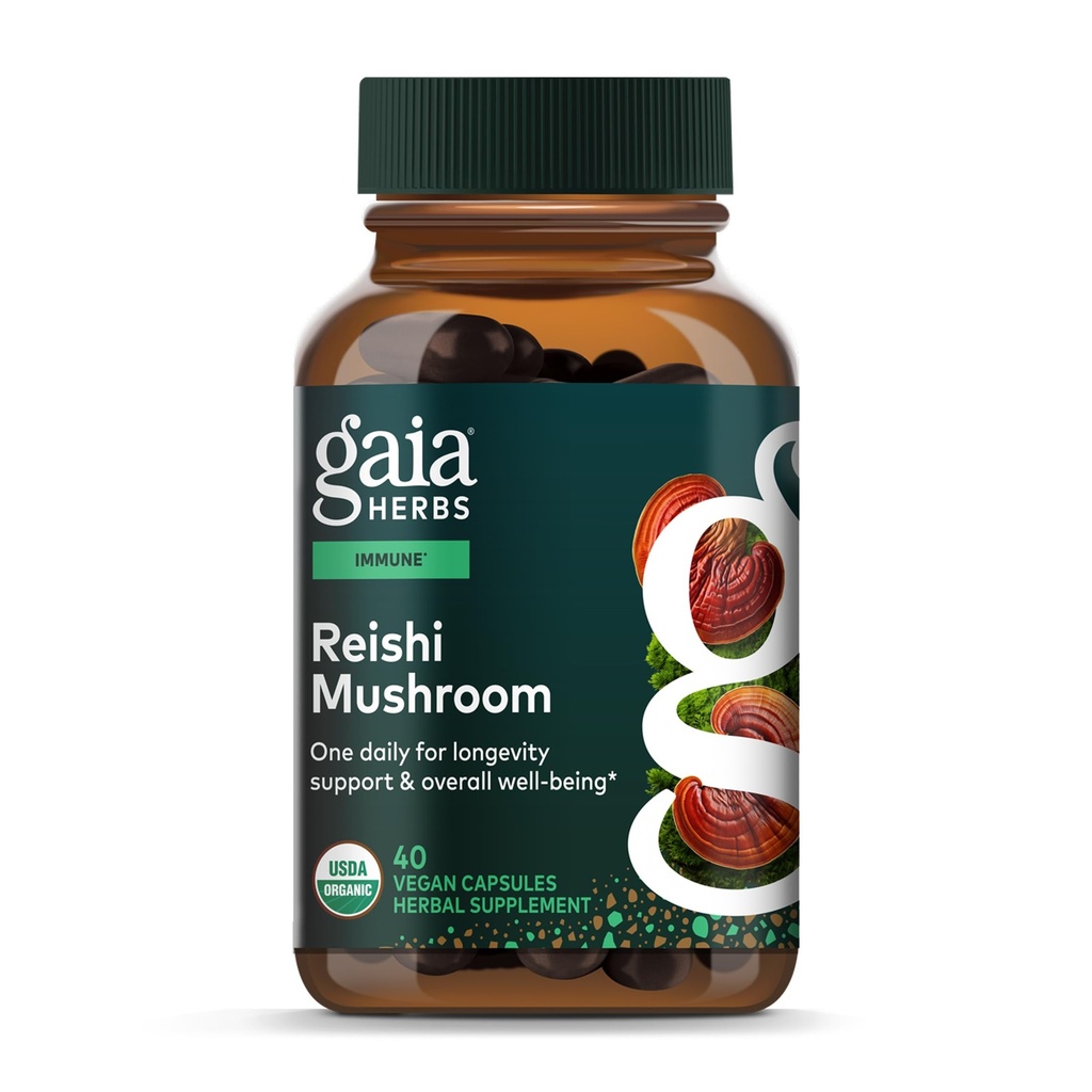 Gaia Herbs Reishi Mushroom - Hjælper med at opretholde et sundt immunsystem & understøtter hjertesundhed - Adaptogen urtesupplement til Longevity Support - 40 Vegansk flydende Phyto- kapsler (40-dages forsyning)