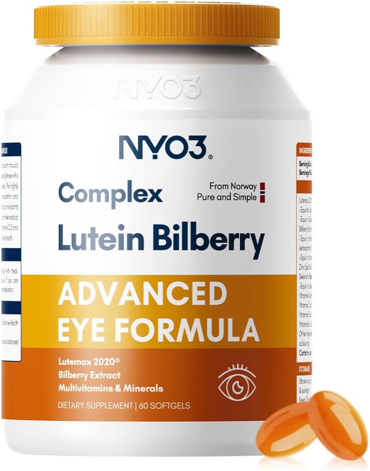 NYO3 Eye Vitaminer med Lutein og Zeaxanthin, Patenteret Eye Formel, Anbefalet af NIH, Advanced Bilberry & Astaxanthin, Vitaminer A, C, E, B12 & Minerals, Eye Health & Vision Protection, 60 Softgel
