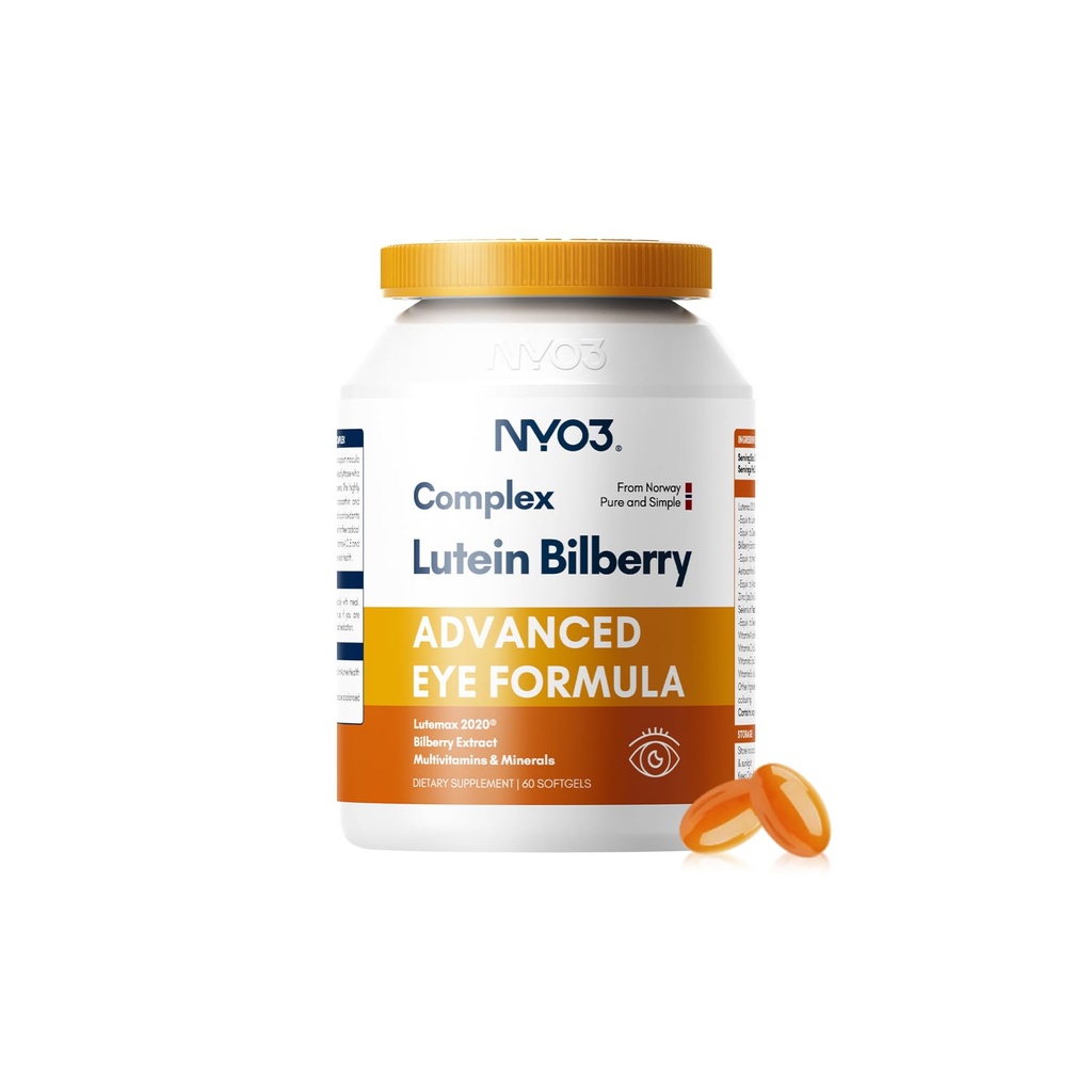 NYO3 Eye Vitaminer med Lutein og Zeaxanthin, Patenteret Eye Formel, Anbefalet af NIH, Advanced Bilberry & Astaxanthin, Vitaminer A, C, E, B12 & Minerals, Eye Health & Vision Protection, 60 Softgel