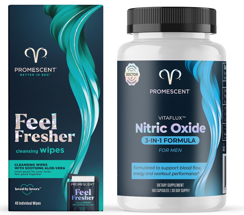 Promescent flushable wipes for adult + VitaFLUX Triple Power nitrogenoxid supplement til mandlige ydeevne, Stamina, energi, inddrivelse - L Arginin 2000mg, L Carnitin 1000mg, Zink, Magnesium - Amino A
