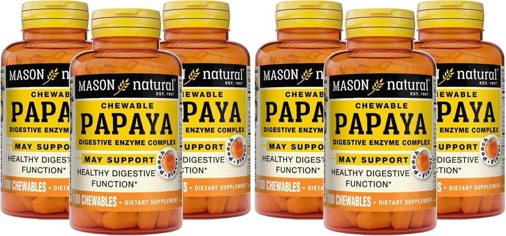 MASON NATURAL Papaya fordøjelseskompleks - sund fordøjelsesfunktion, fremmer næringsstofabsorption, Peach Flavor, 100 tyggetabletter (pakke med 6)