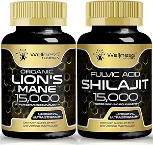 WELLENess LABSRX Lions Mane Supplement kapsler - 120 Greve - Mushroom supplement, Brain Supplements for Memory and Focus Shalajit Pure Himalayan Organic Capsules med naturligt Ocouring Fulvic Acid