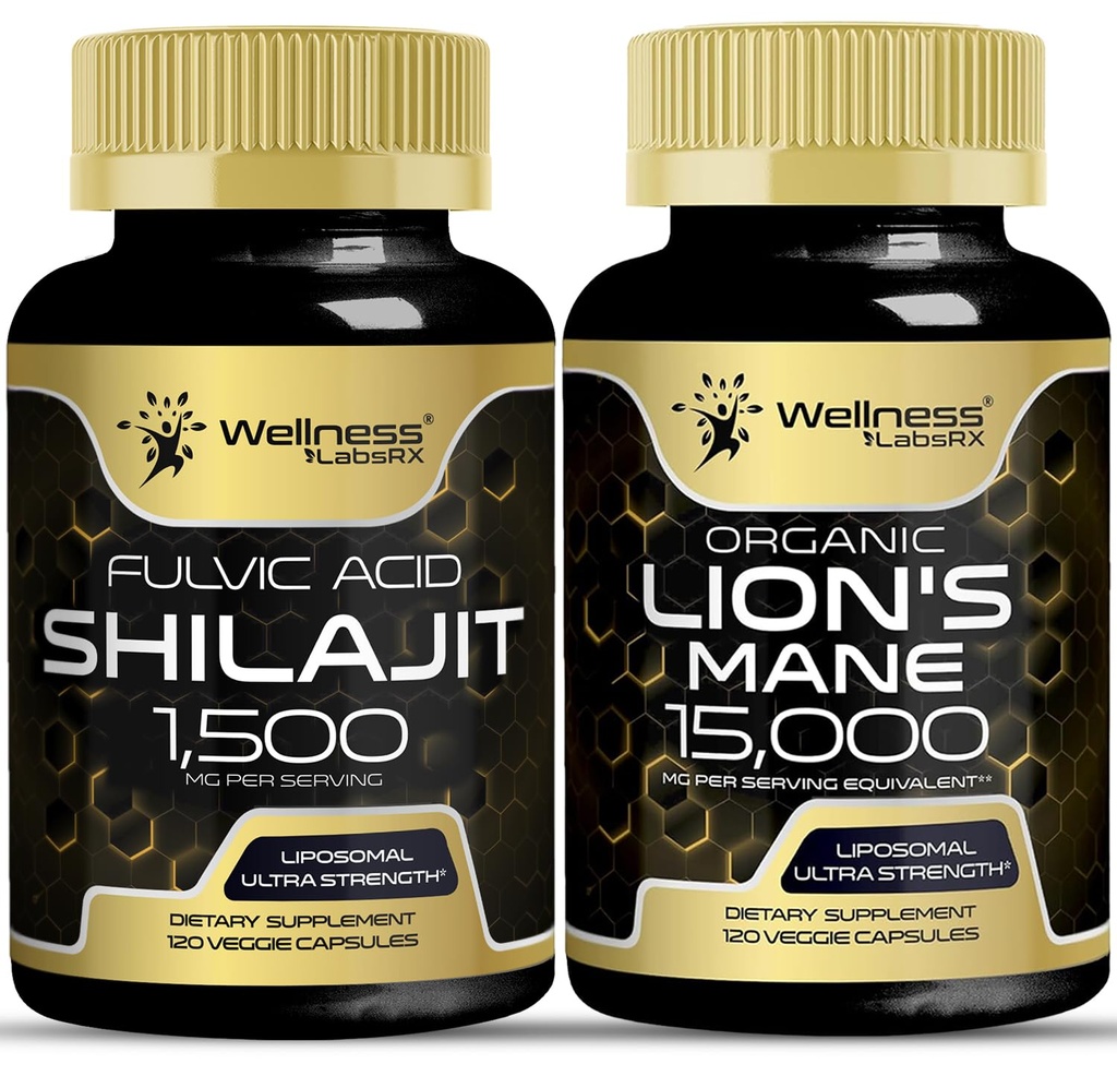 WELLENess LABSRX Lions Mane Supplement kapsler - 120 Greve - Mushroom supplement, Brain Supplements for Memory and Focus Shalajit Pure Himalayan Organic Capsules med naturligt Ocouring Fulvic Acid