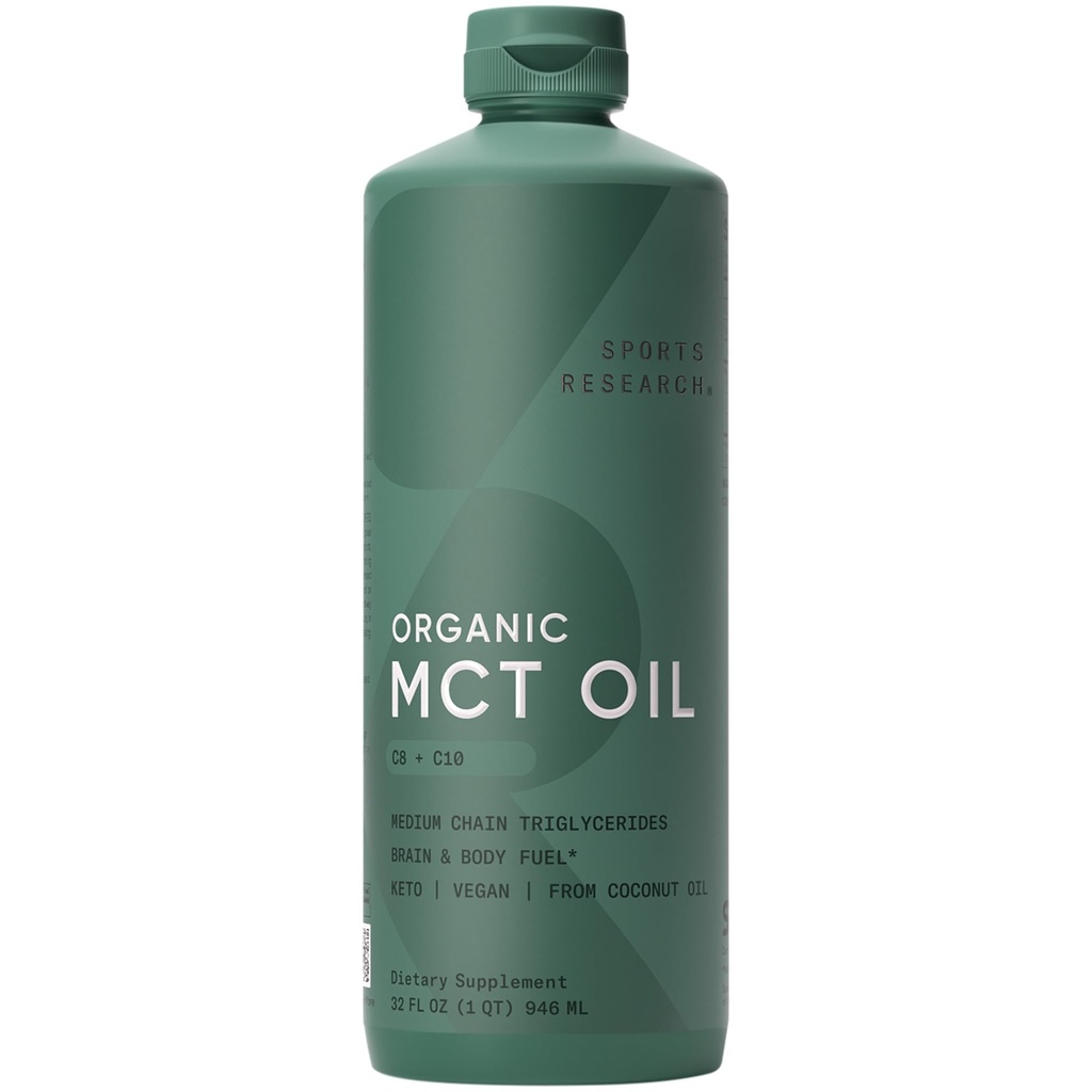 Sports Research Organic MCT Olie - Keto & Vegan MCTs C8, C10 fra Coconuts - Fedtsyrehjerne & Kropsolie, Non- GMO & Gluten Free - Flavorless Oil, Perfekt i kaffe, Tea & Protein Shakes - 32 oz