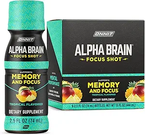 ONNIT Alpha Brain Focus Shot, Tropical Flavor, Nootropisk Kosttilskud Drikke, der understøtter energi, Focus, og Mood, IGEN ™ Non- GMO Testet, 2,5 fl oz, 6 Greve