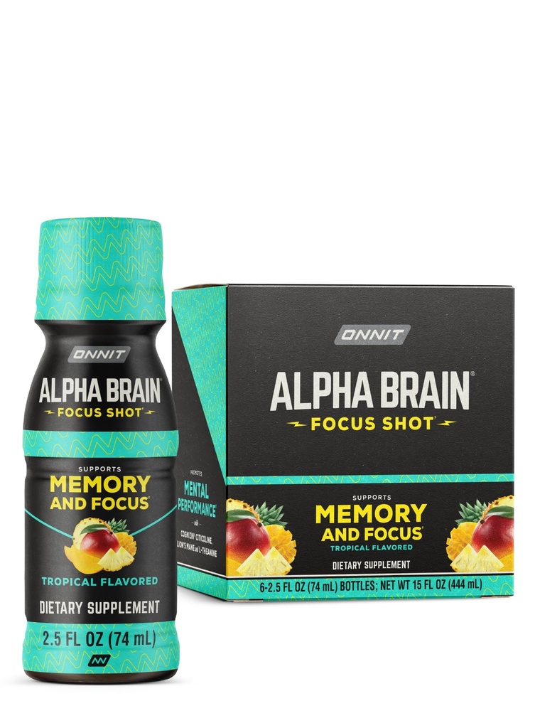 ONNIT Alpha Brain Focus Shot, Tropical Flavor, Nootropisk Kosttilskud Drikke, der understøtter energi, Focus, og Mood, IGEN ™ Non- GMO Testet, 2,5 fl oz, 6 Greve