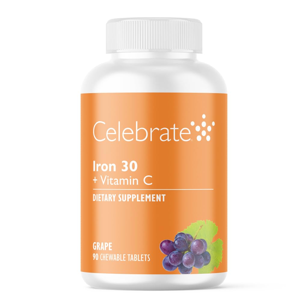 Fejre Vitamin jerntilskud med C-vitamin - 30mg jern, 60mg C-vitamin, Bariatriske Vitamin til WLS patienter, Lodret Ærme & Gastrisk bypass Kirurgi - Grape, 90 tyggetabletter
