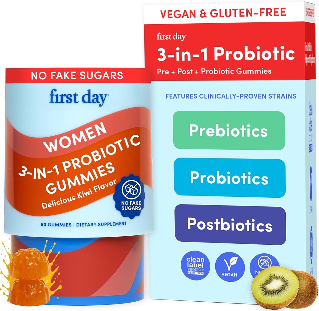 Første dag Dame 3- in-1 Probiotiske Gummies - Prebiotic + Probiotic + Postbiotic Supplement - Understøtter fordøjelse & oral sundhed, immunfunktion & energiniveauer - 30-dages forsyning