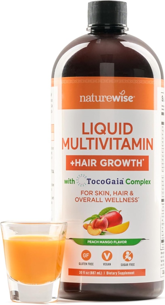 NatureWise Flydende Multivitamin Hårvækst for kvinder & mænd + Tocogaia ® til hårvækst & hudelasticitet Support + Biotin, D-vitamin, E, B - Sukker fri Multivitamin, Vegan - 30 fl oz [30 Servering]