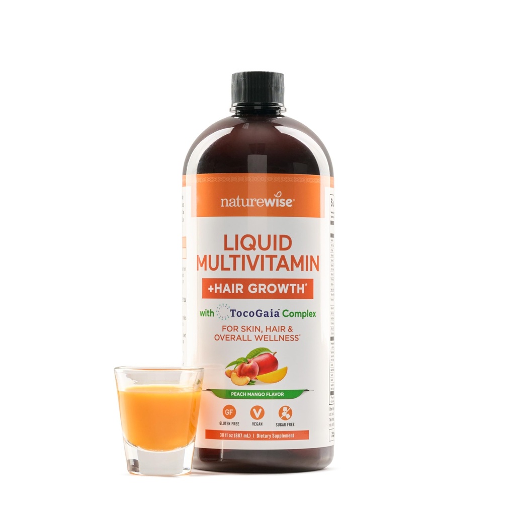 NatureWise Flydende Multivitamin Hårvækst for kvinder & mænd + Tocogaia ® til hårvækst & hudelasticitet Support + Biotin, D-vitamin, E, B - Sukker fri Multivitamin, Vegan - 30 fl oz [30 Servering]