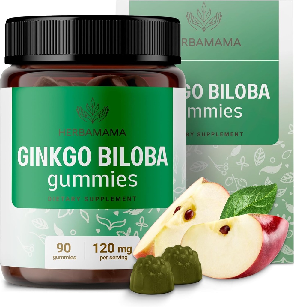 HERBAMAMA Ginkgo Biloba Gummies - 120mg Ginkgo Biloba Herb for Brain Support - Vegan, Non- GMO Brain Focus & Clarity Supplement - 90 Pectin- Based Apple- Flavored Chews