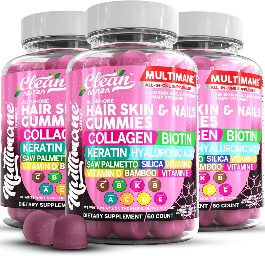 Multimane collagen gummier med biotin Keratin Hyaluronsyre Bambus Vitamin A C vitamin D Vitamin E Folat Saw Palmetto Silica B3 Vitaminer Hår Hud og negle Gummier af Clean Nutra